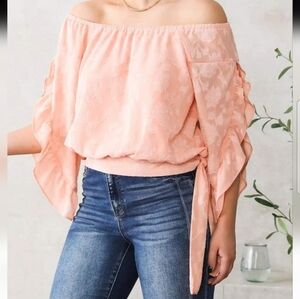 Willow + Root Women's Small Peach Ruffle Sleeve Women's Blouse Off the Shoulder
